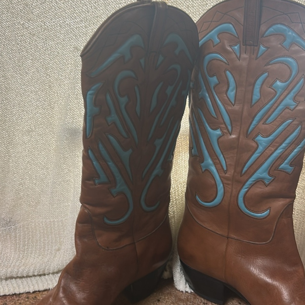 VTG NWOT Vaneli Western Boho Boots w/ Turquoise Flame Inlays | Vero Cuoio Soles